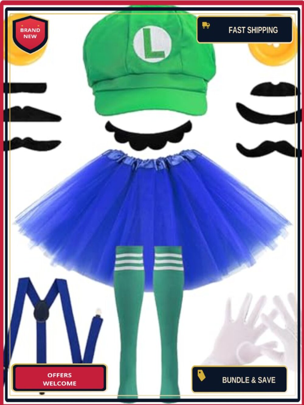 7 Pc Halloween Cosplay Costume Accessory Set Plumber Outfit Tutu Hat